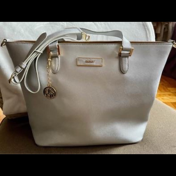 Dkny Metallic Silver Saffiano Leather Large Shopper Tote - Picture 1 of 7